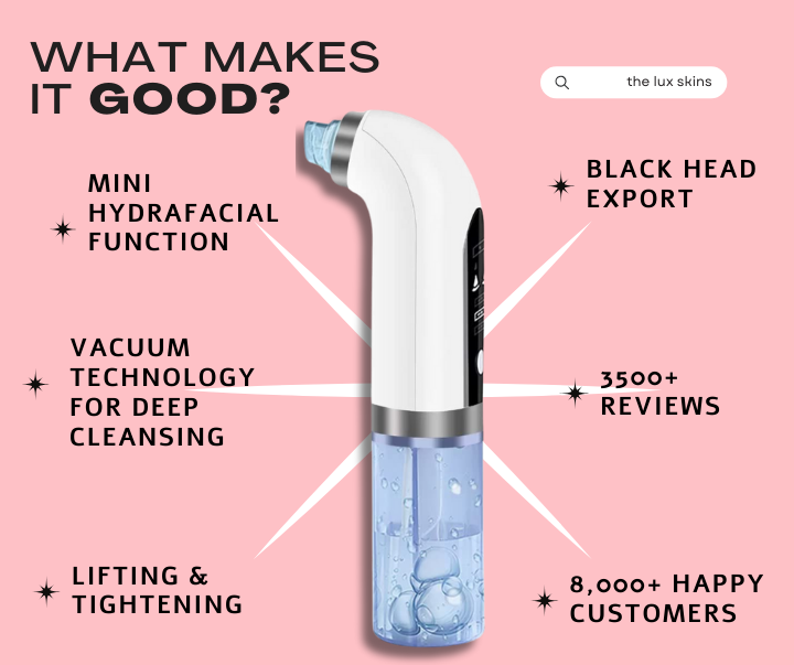 Lux Skins® blackhead remover vacuum suction device with mini hydrafacial function, lifting, tightening, and deep cleansing technology